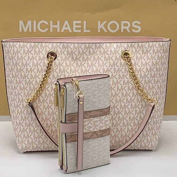 MICHAEL KORS Medium Zip Front Logo Chain Tote Bag & LARGE DOUBLE ZIP WRISTLET - Picture 4 of 16